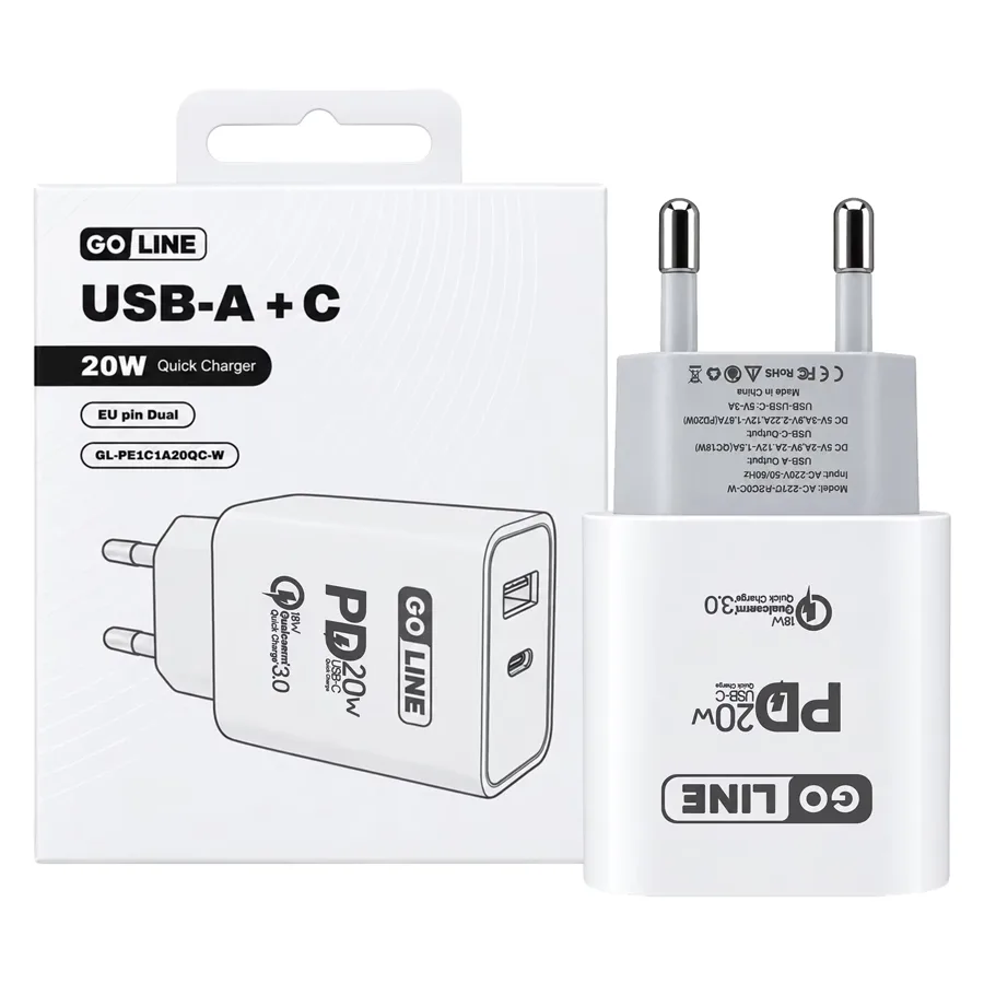 Cargador Goline Quick Charger GL-PE1C1A20QC-W 20W USB-A/USB-C - Blanco (enchufe BR)